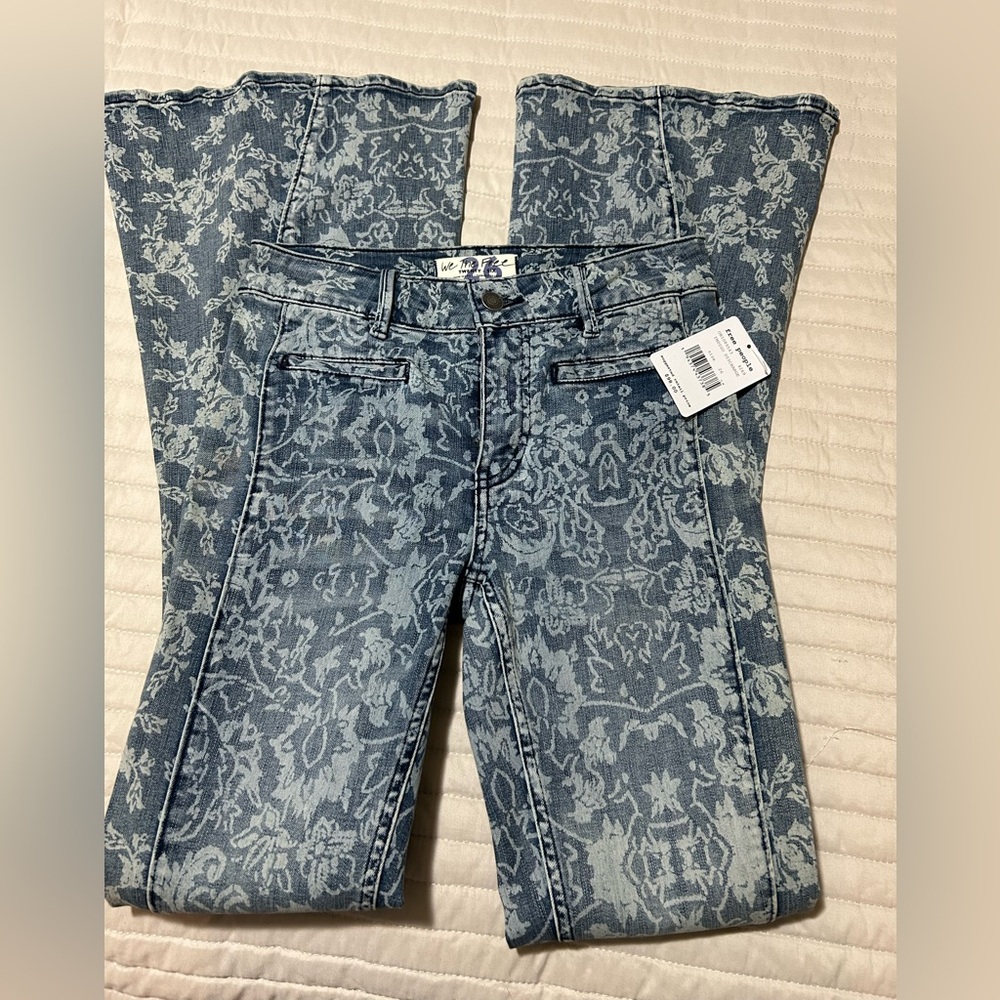 Free People Floral Blue Flare Jeans